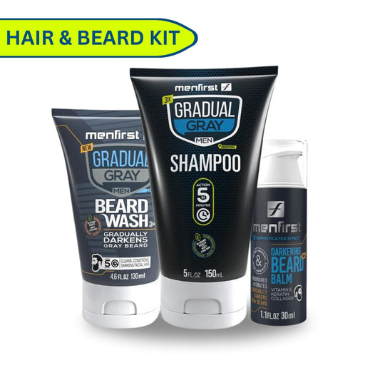 Menfirst Gradual Gray - Good Bye Gray Hair - 3-in-1 Shampoo + Beard Wash + Darkening Beard Balm - 3 Pack Bundle