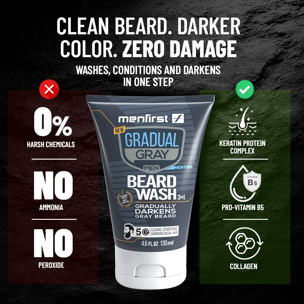 Menfirst Gradual Gray - Good Bye Gray Hair- 3-in-1 Shampoo + Beard Wash & Darkening Pomade - 3 Pack Bundle
