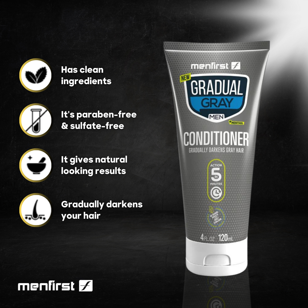 Menfirst Gradual Gray - Good Bye Gray Hair - 3-in-1 Shampoo + Beard Wash + Beard Balm & Conditioner - 4 Pack Bundle