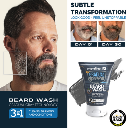 Menfirst Gradual Gray - No More Gray Plus Kit  - 3-in-1 Shampoo, Conditioner, Beard Wash, Beard Balm & Pomade - 5 Pack Bundle