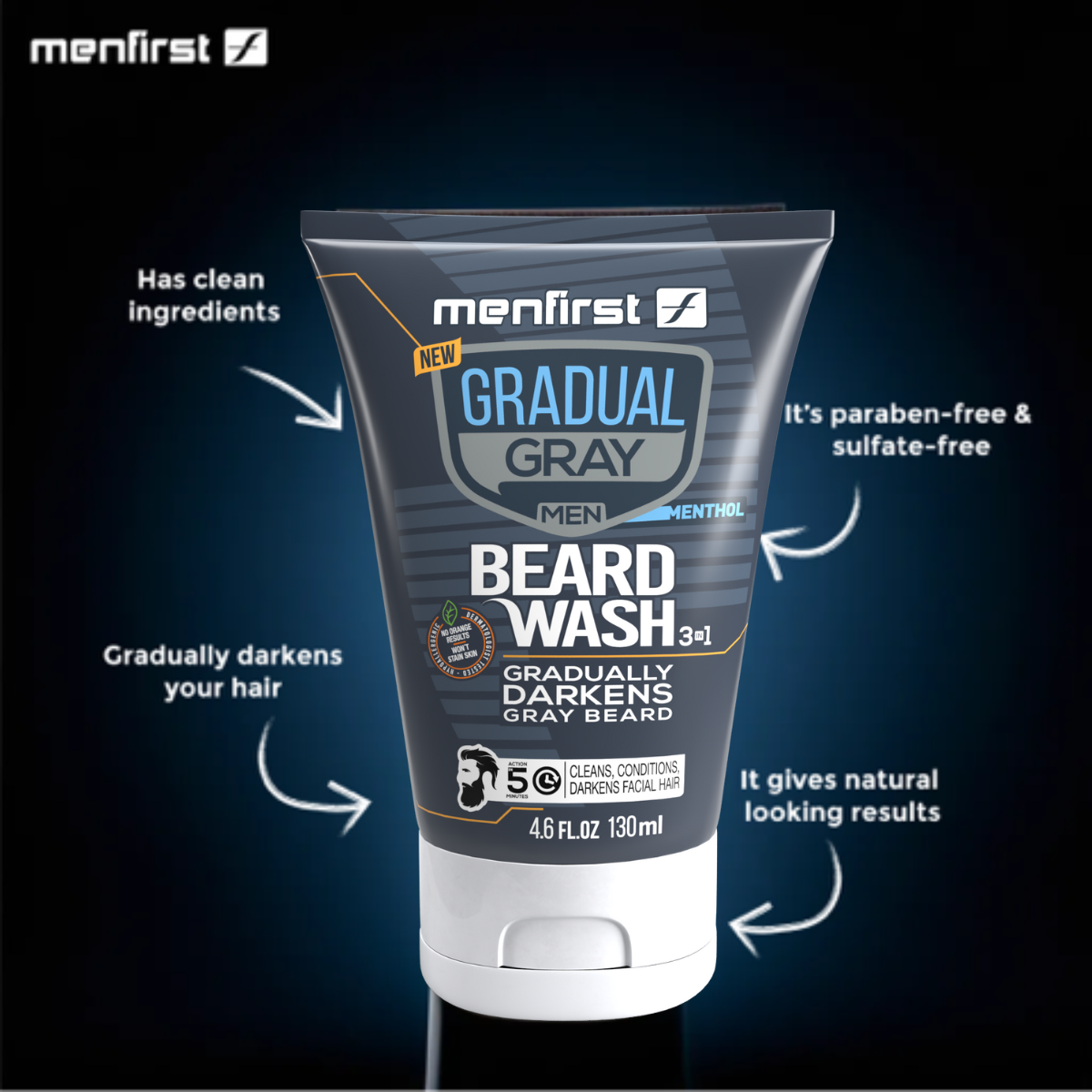 Menfirst Gradual Gray - Beard Wash - Natural Darkening Formula - 1 Pack - 4.6 oz Each