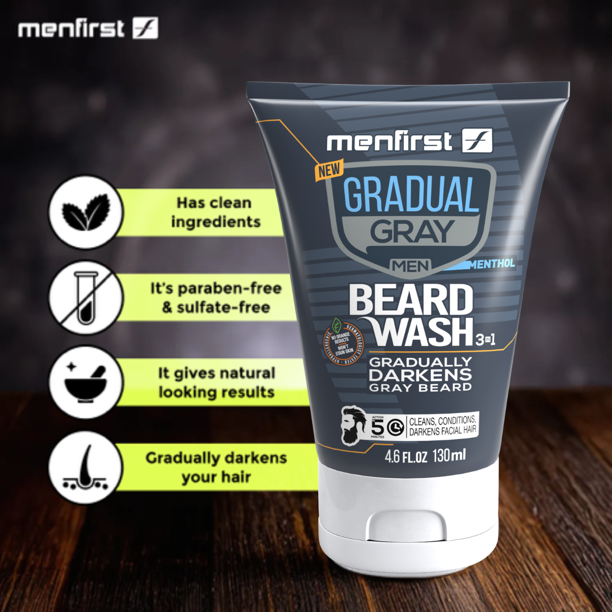 Menfirst Gradual Gray - Beard Wash - Natural Darkening Formula - 1 Pack - 4.6 oz Each