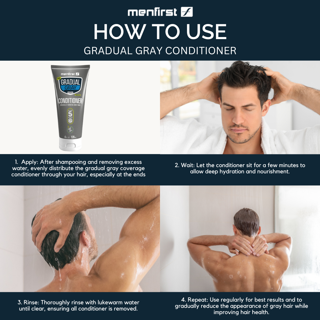 Menfirst Gradual Gray - Good Bye Gray Hair- 3-in-1 Shampoo + Conditioner & Darkening Pomade - 3 Pack Bundle