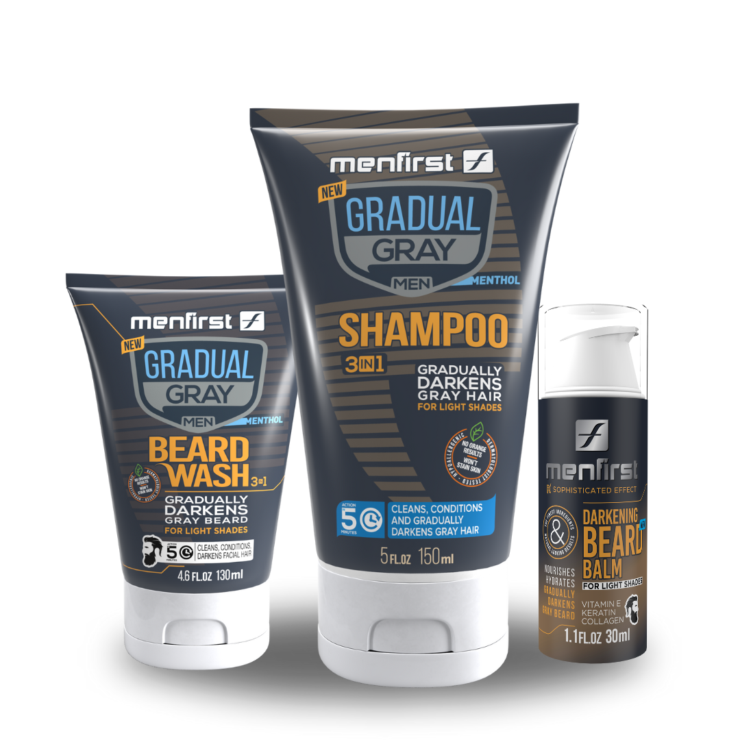 Menfirst Gradual Gray - Good Bye Gray Hair - 3-in-1 Shampoo + Beard Wash + Darkening Beard Balm - 3 Pack Bundle