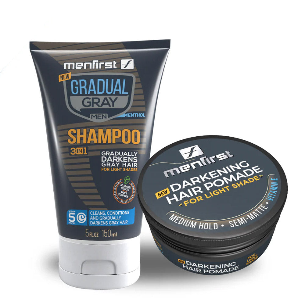 Menfirst Gradual Gray - Good bye Gray Hair - 3-in-1 Shampoo & Darkening Pomade - 2 Pack Bundle