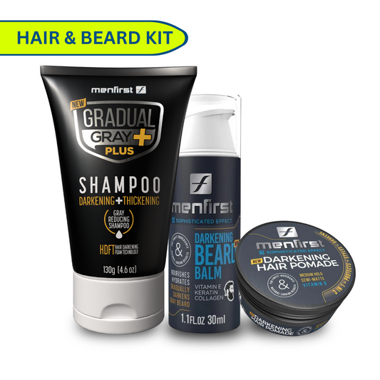 Menfirst - Ultimate Gray Coverage Kit - Gradual Gray PLUS Shampoo - Darkening & Thickening + Beard Balm + Pomade – Full Hair & Beard Coverage - 3 Pack Bundle