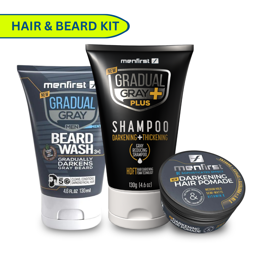 Menfirst - Ultimate Gray Coverage Kit - Gradual Gray PLUS Shampoo - Darkening & Thickening + Beard Wash + Pomade – Full Hair & Beard Coverage - 3 Pack Bundle