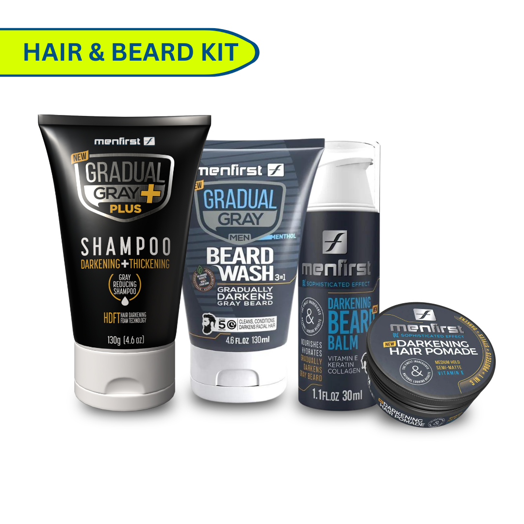 Menfirst - Ultimate Gray Coverage Kit - Gradual Gray PLUS Shampoo - Darkening & Thickening + Beard Wash + Beard Balm + Pomade – Full Hair & Beard Coverage - 4 Pack Bundle