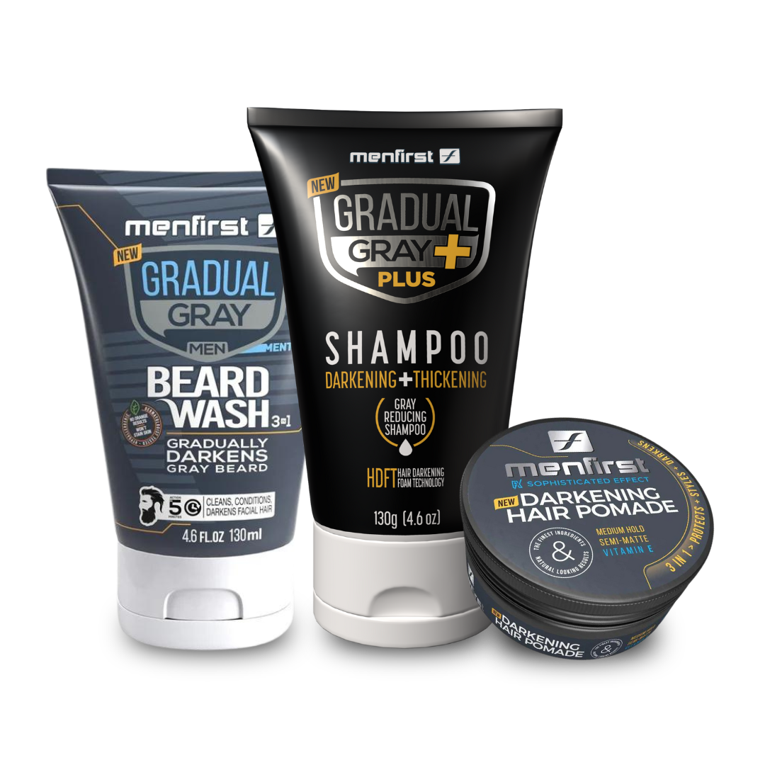Menfirst - Ultimate Gray Coverage Kit - Gradual Gray PLUS Shampoo - Darkening & Thickening + Beard Wash + Hair Pomade – Clean, Darken & Style Naturally