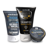 Menfirst - Ultimate Gray Coverage Kit - Gradual Gray PLUS Shampoo - Darkening & Thickening + Beard Wash + Pomade – Full Hair & Beard Coverage - 3 Pack Bundle
