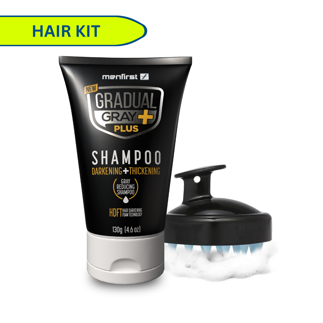Menfirst - Ultimate Gray Coverage Kit - Gradual Gray PLUS Shampoo - Darkening & Thickening + Silicone Brush – Full Hair Coverage - 2 Pack Bundle