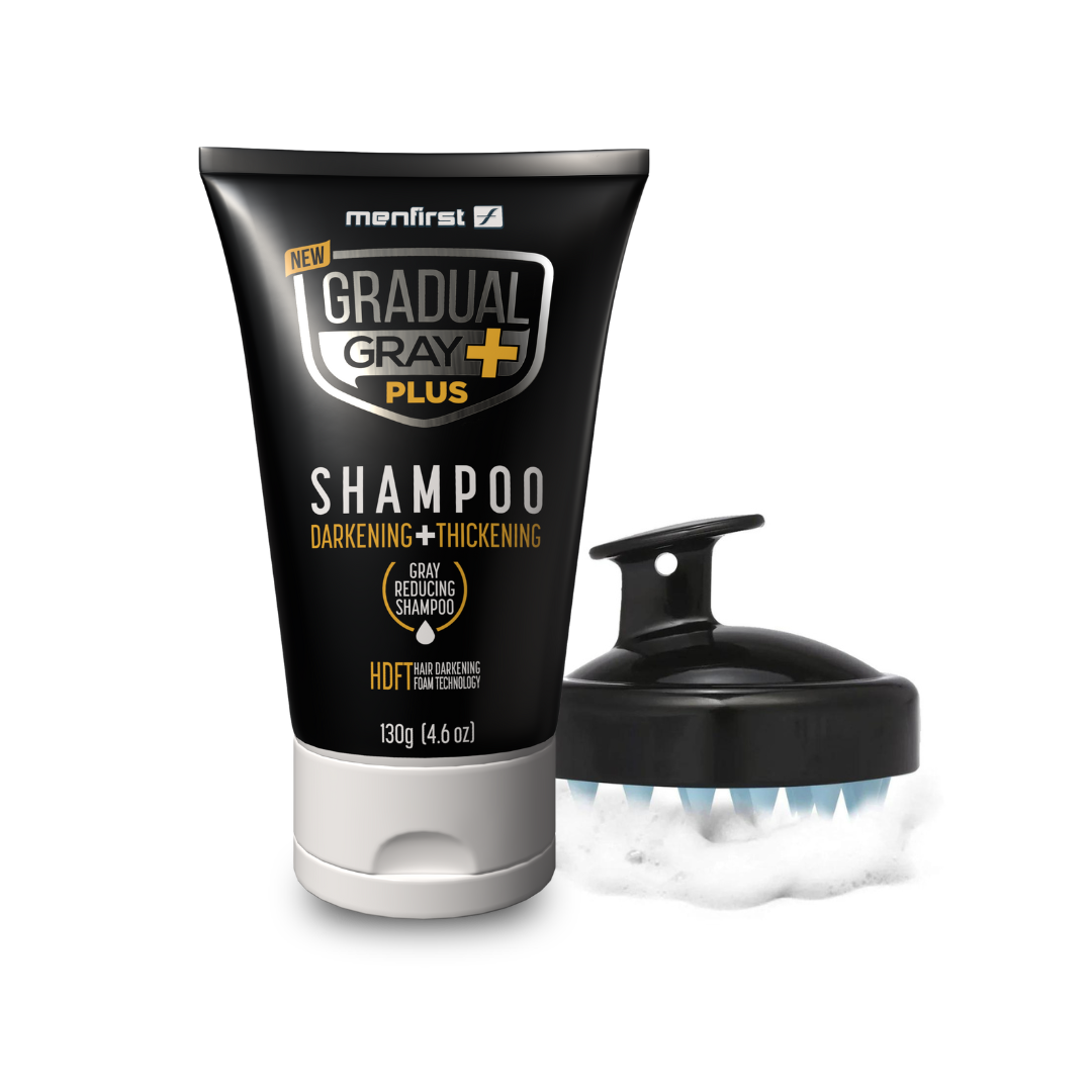 Menfirst - Ultimate Gray Coverage Kit - Gradual Gray PLUS Shampoo - Darkening & Thickening + Silicone Brush – Full Hair Coverage - 2 Pack Bundle