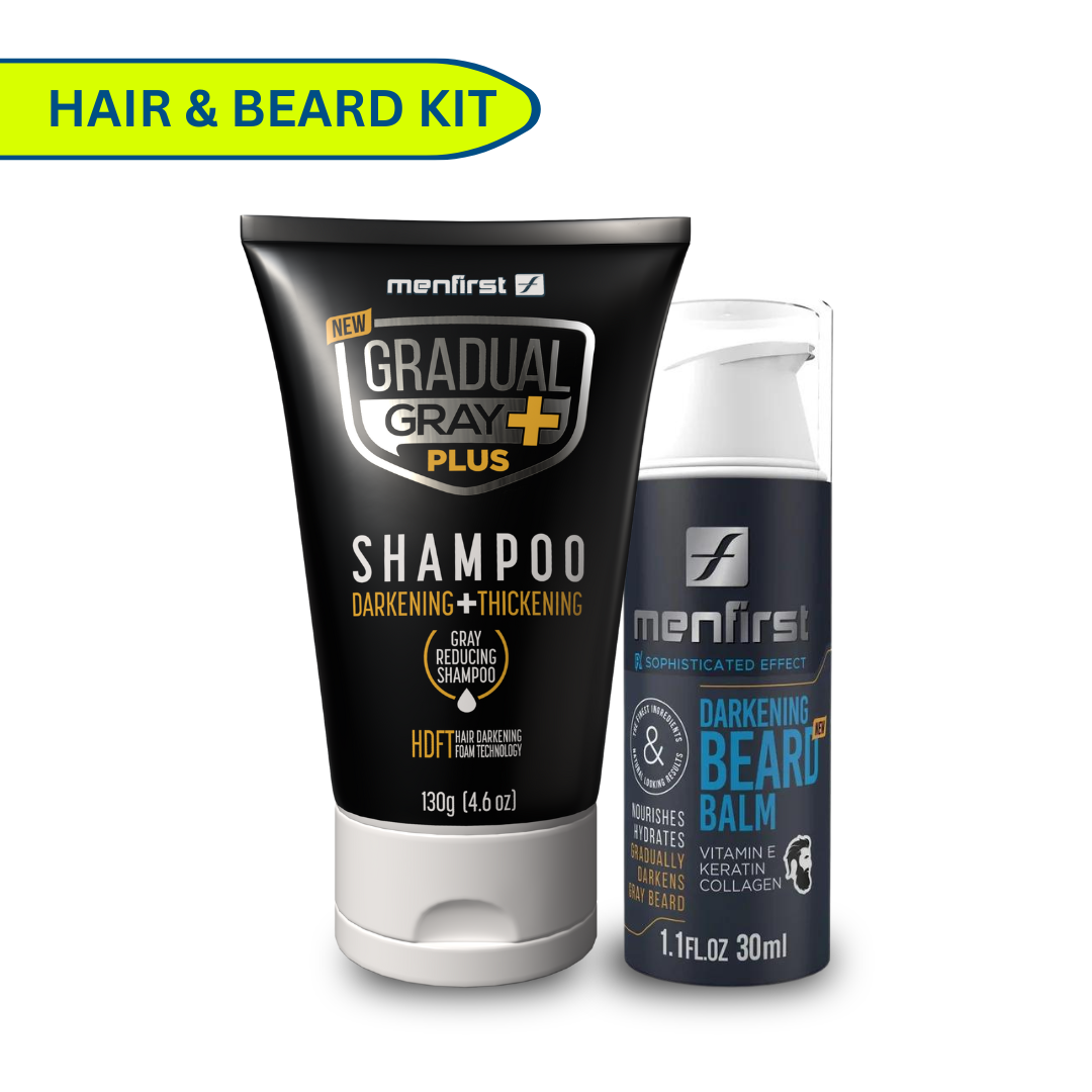 Menfirst - Ultimate Gray Coverage Kit - Gradual Gray PLUS Shampoo - Darkening & Thickening + Beard Balm – Full Hair and Beard Coverage - 2 Pack Bundle