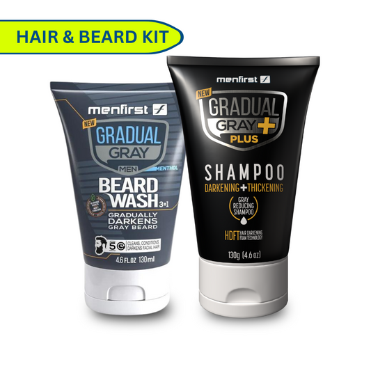 Menfirst - Ultimate Gray Coverage Kit - Gradual Gray PLUS Shampoo - Darkening & Thickening + Beard Wash – Full Hair & Beard Coverage - 2 Pack Bundle