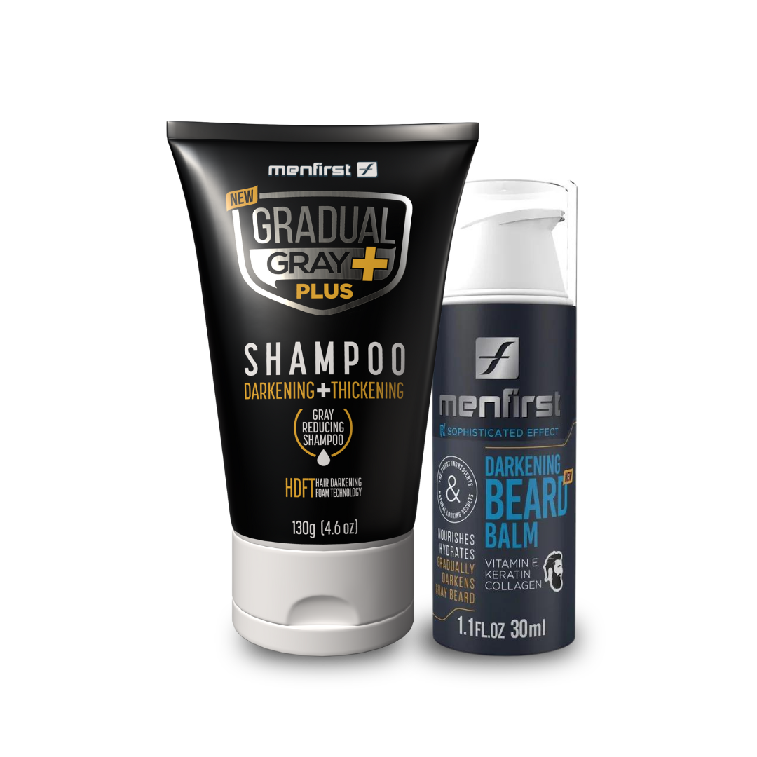 Menfirst - Ultimate Gray Coverage Kit - Gradual Gray PLUS Shampoo - Darkening & Thickening + Beard Balm – Full Hair and Beard Coverage - 2 Pack Bundle