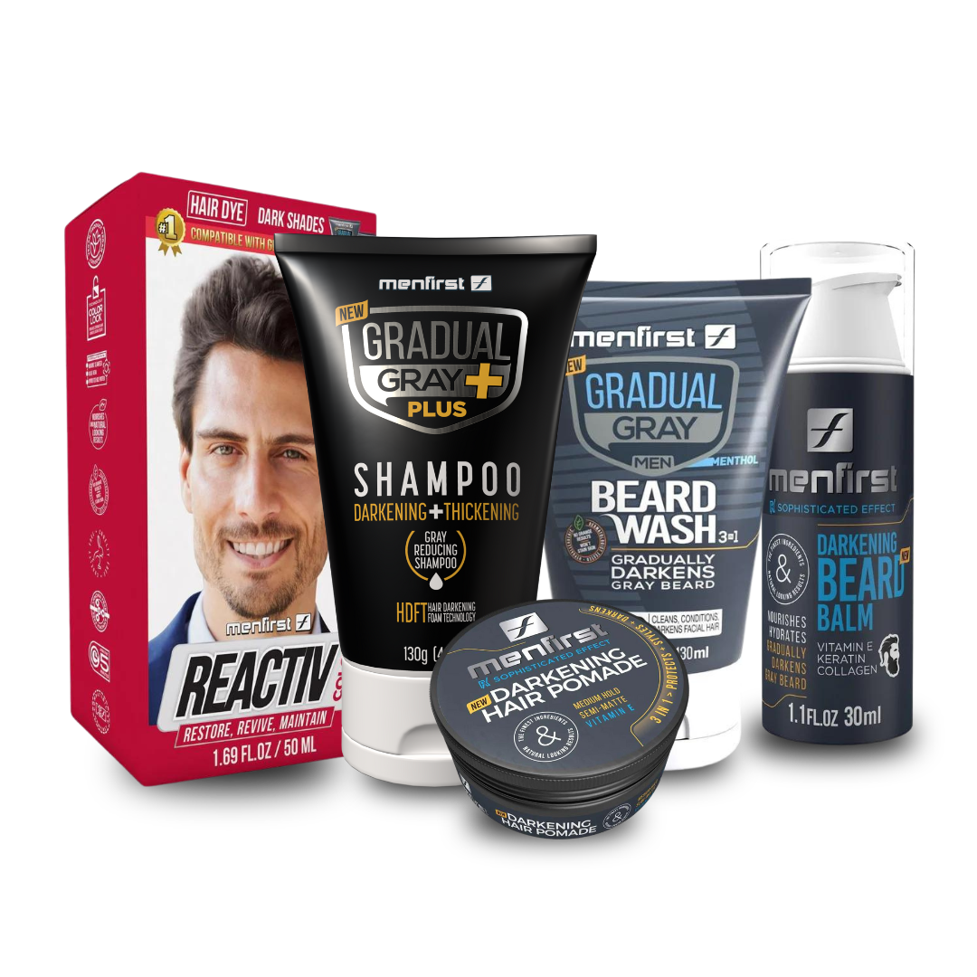 Menfirst - Ultimate Gray Coverage Kit - Gradual Gray PLUS Shampoo - Darkening & Thickening + Beard Wash + Beard Balm + Pomade + Reactiv – Full Hair & Beard Coverage - 5 Pack Bundle
