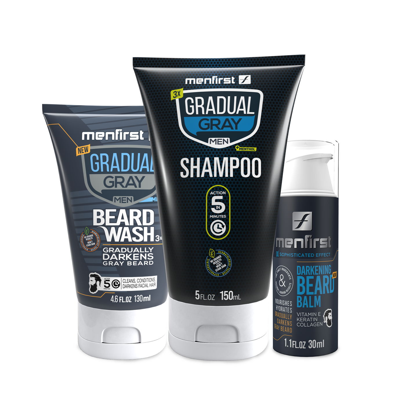 Menfirst Gradual Gray - Good Bye Gray Hair - 3-in-1 Shampoo, Beard Wash, Darkening Beard Balm - 3 Pack Bundle