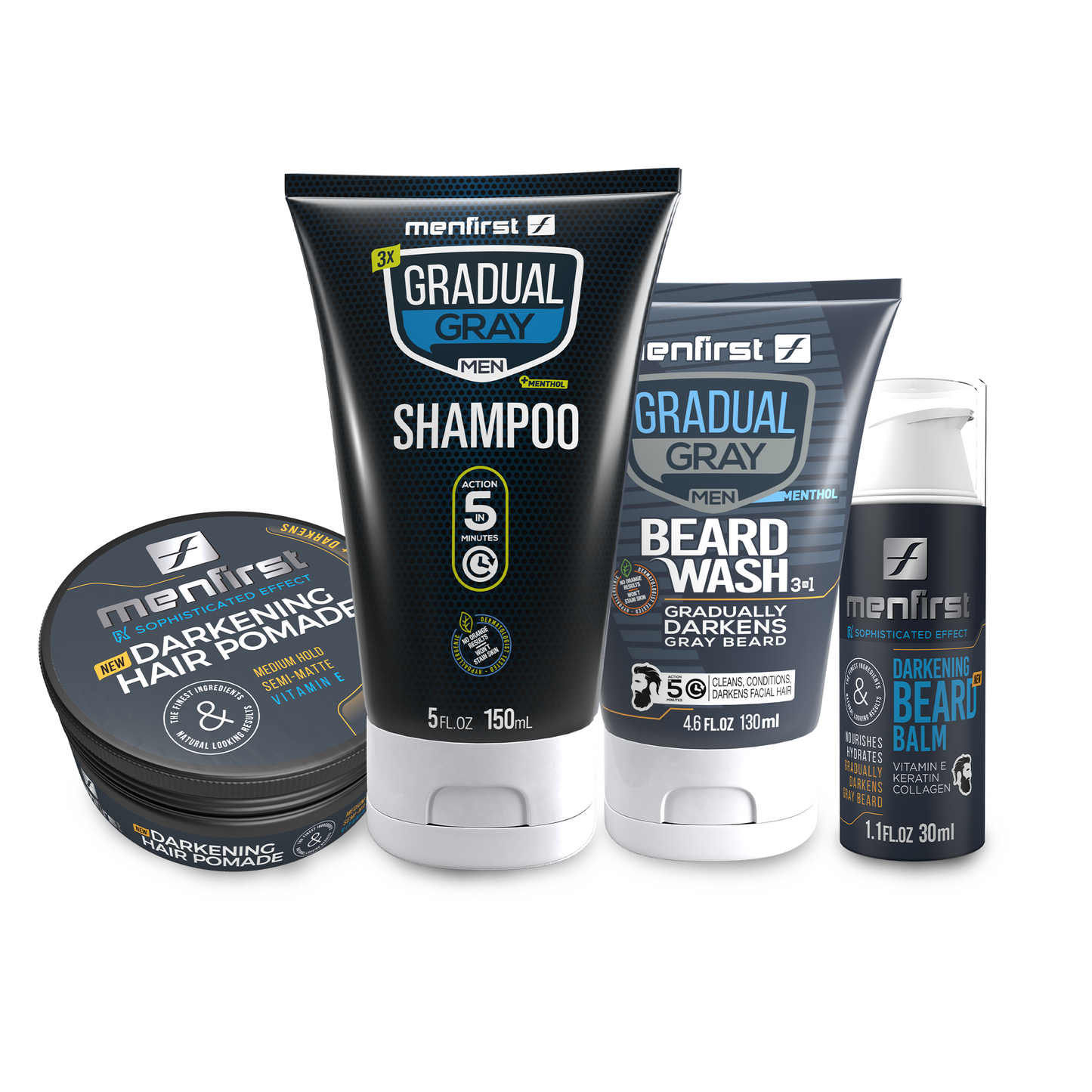 Menfirst Gradual Gray - No More Gray Plus Kit  - 3-in-1 Shampoo, Beard Wash, Beard Balm & Pomade - 4 Pack Bundle