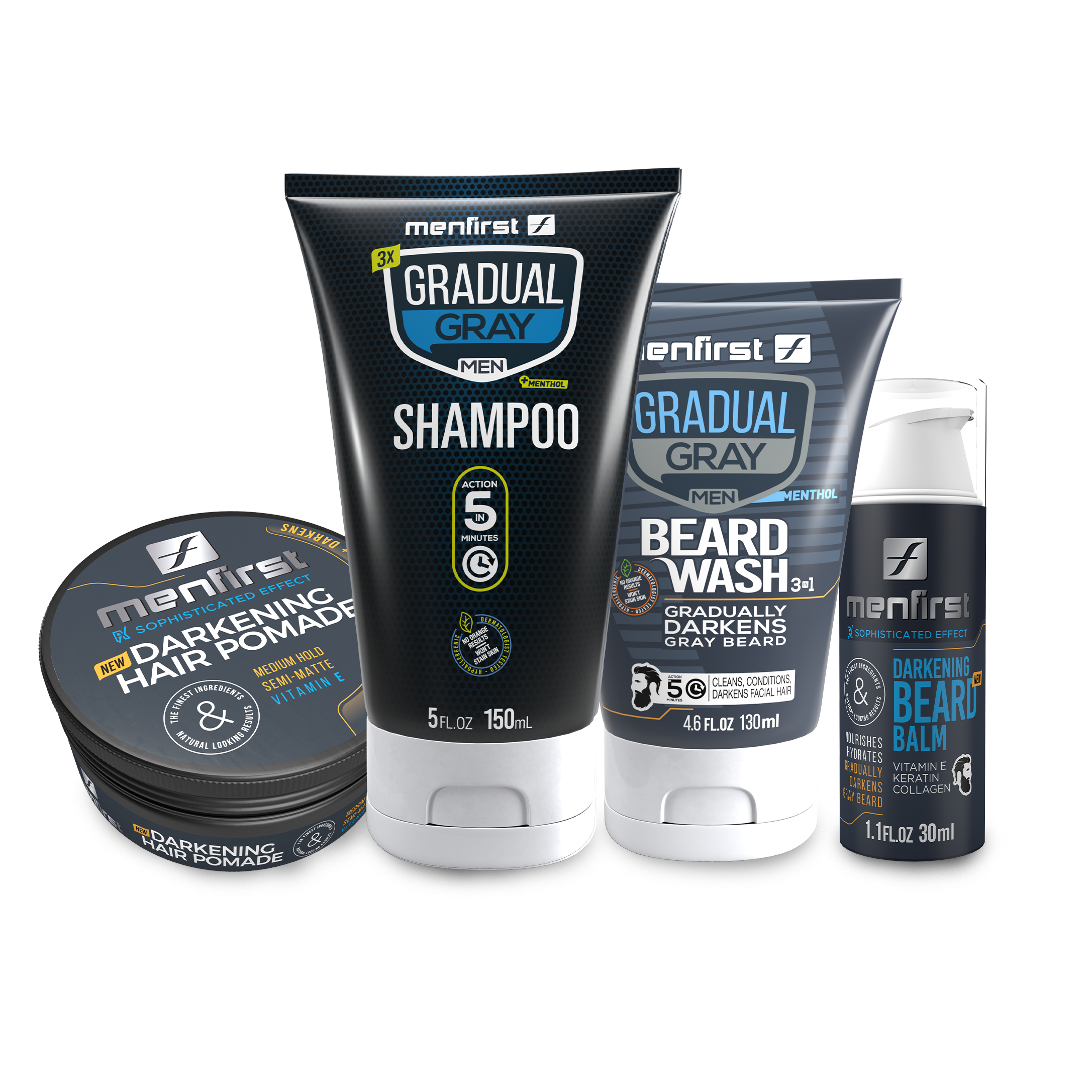Menfirst Gradual Gray - Ultimate Gray Coverage Kit - 3-in-1 Shampoo, Beard Wash, Beard Balm & Pomade - 4 Pack Bundle