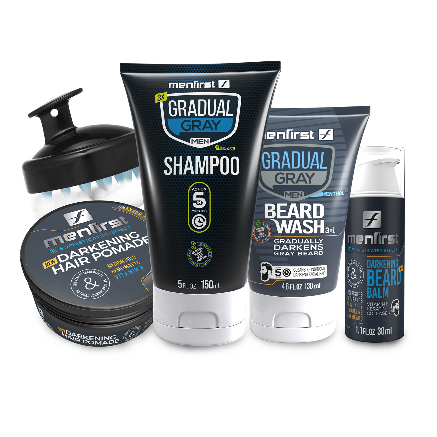 Menfirst Gradual Gray - Good bye Gray Hair- 3-in-1 Shampoo, Beard Wash, Beard Balm, Pomade & Scalp Brush - 5 Pack Bundle