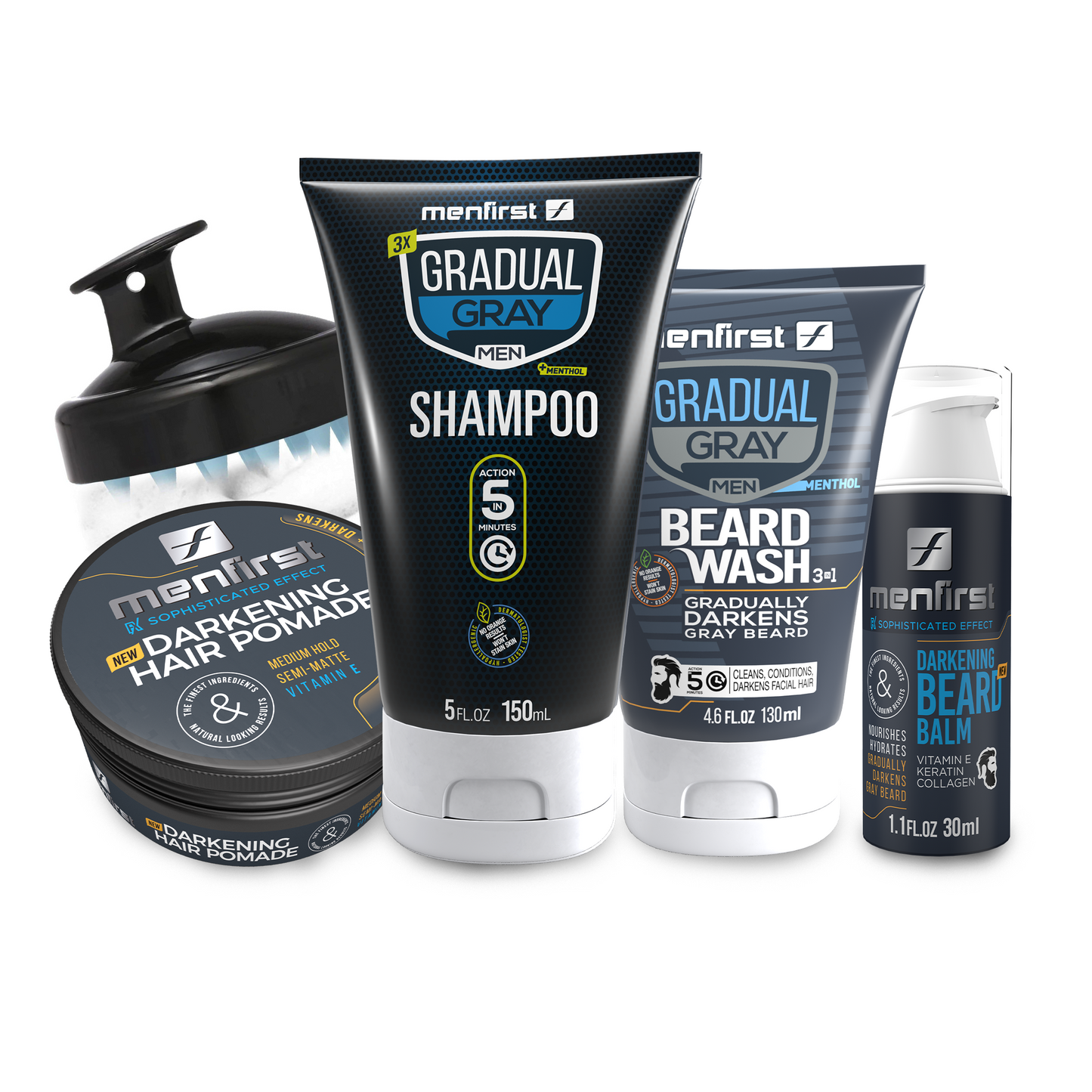 Menfirst Gradual Gray - Good bye Gray Hair- 3-in-1 Shampoo + Beard Wash + Beard Balm + Pomade & Scalp Brush - 5 Pack Bundle