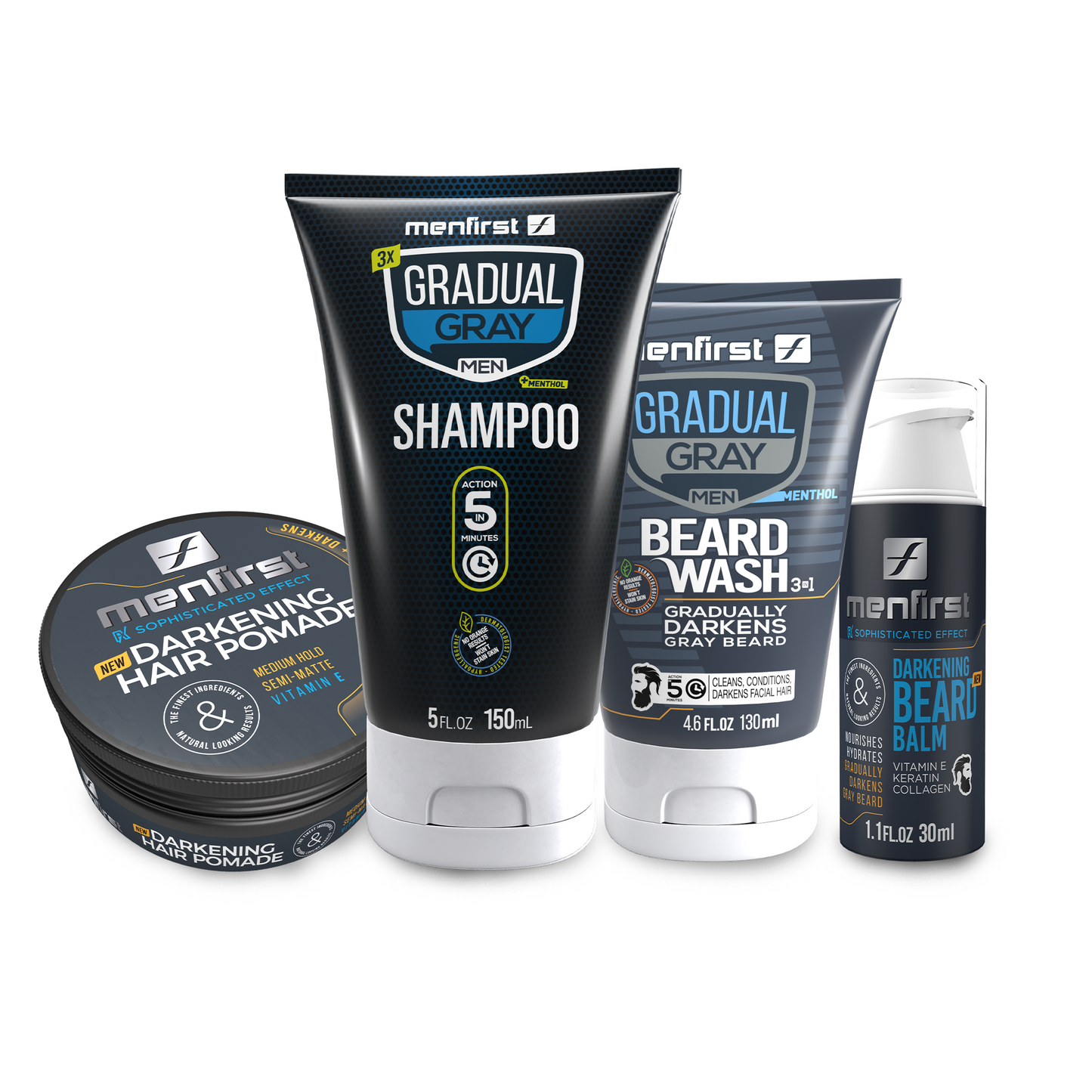 Menfirst Gradual Gray - No More Gray Plus Kit - 3-in-1 Shampoo, Beard Wash, Beard Balm & Pomade - 4 Pack Bundle