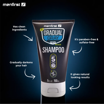 Menfirst Gradual Gray - Good bye Gray Hair- 3-in-1 Shampoo, Beard Wash, Beard Balm, Pomade & Scalp Brush - 5 Pack Bundle
