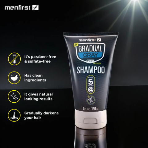 Menfirst Gradual Gray - Good bye Gray Hair- 3-in-1 Shampoo, Beard Wash, Beard Balm, Pomade & Scalp Brush - 5 Pack Bundle