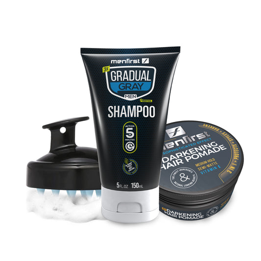 Menfirst Gradual Gray - Good bye Gray Hair- 3-in-1 Shampoo + Darkening Pomade &  Scalp Brush - 3 Pack Bundle