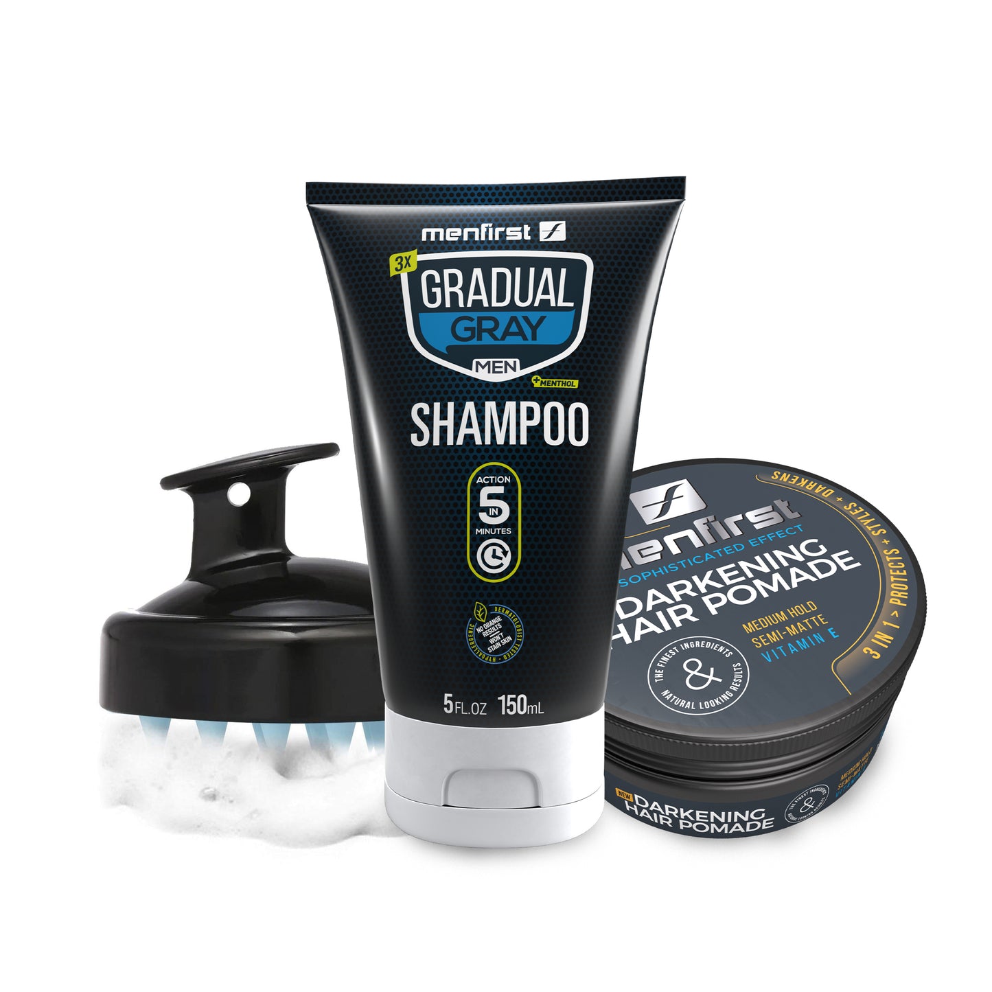 Menfirst Gradual Gray - Good bye Gray Hair- 3-in-1 Shampoo + Darkening Pomade & Scalp Brush - 3 Pack Bundle