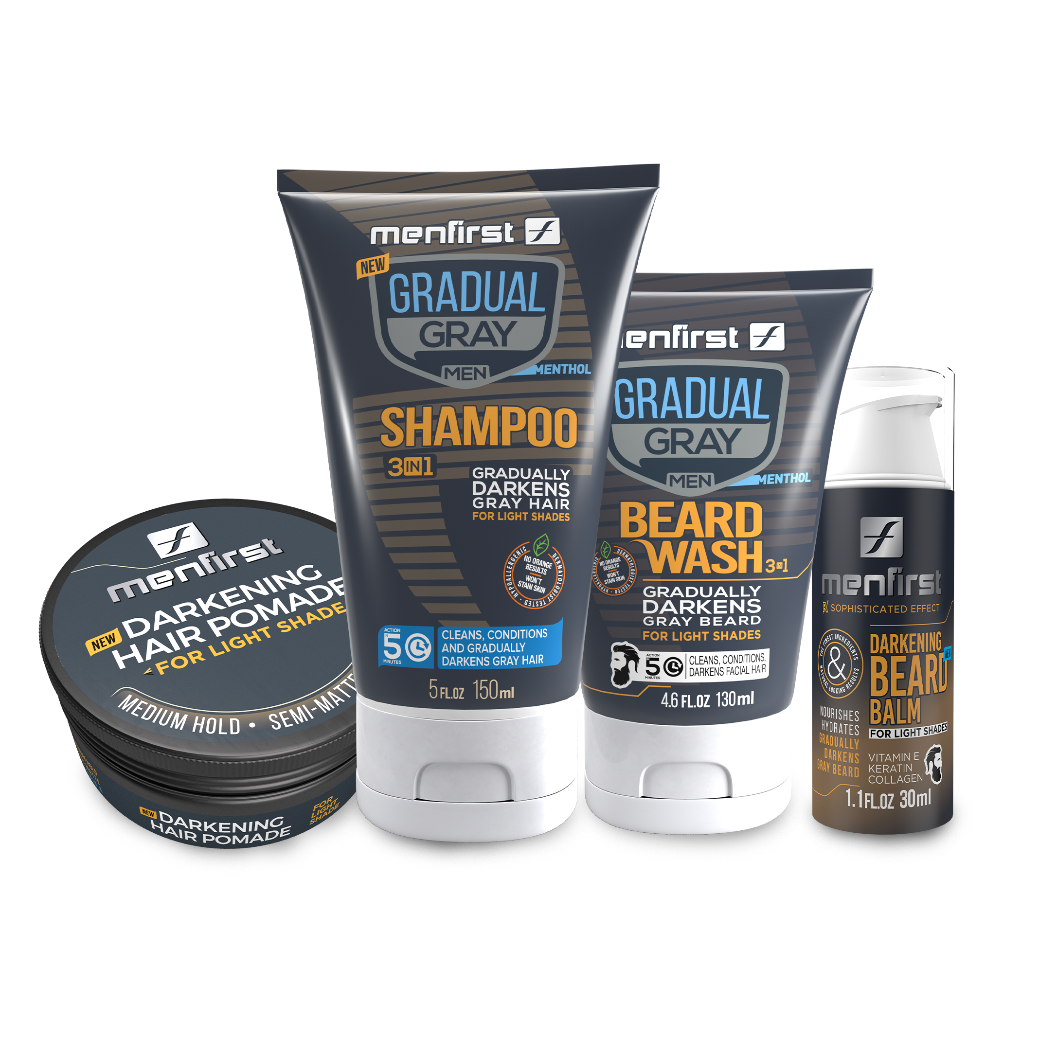 Menfirst Gradual Gray - Ultimate Gray Coverage Kit - 3-in-1 Shampoo, Beard Wash, Beard Balm & Pomade - 4 Pack Bundle