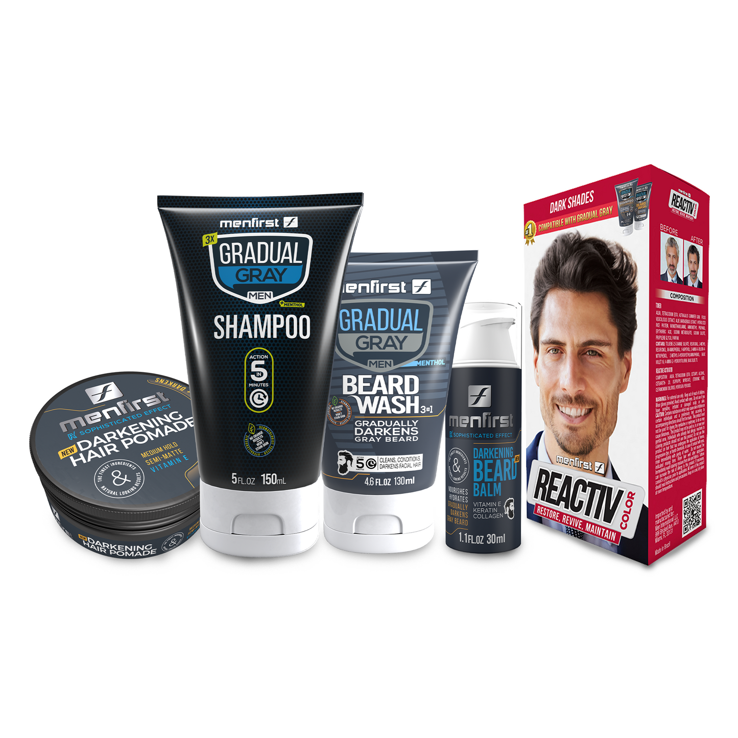 Menfirst Gradual Gray - Good bye Gray Hair- Reactive, 3-in-1 Shampoo, Beard Wash, Beard Balm, Pomade - 5 Pack Bundle