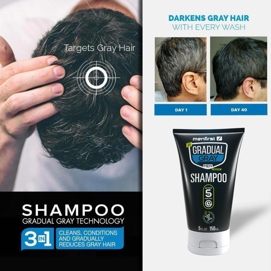 Menfirst Gradual Gray - Good Bye Gray Hair- 3-in-1 Shampoo, Conditioner & Darkening Pomade - 3 Pack Bundle
