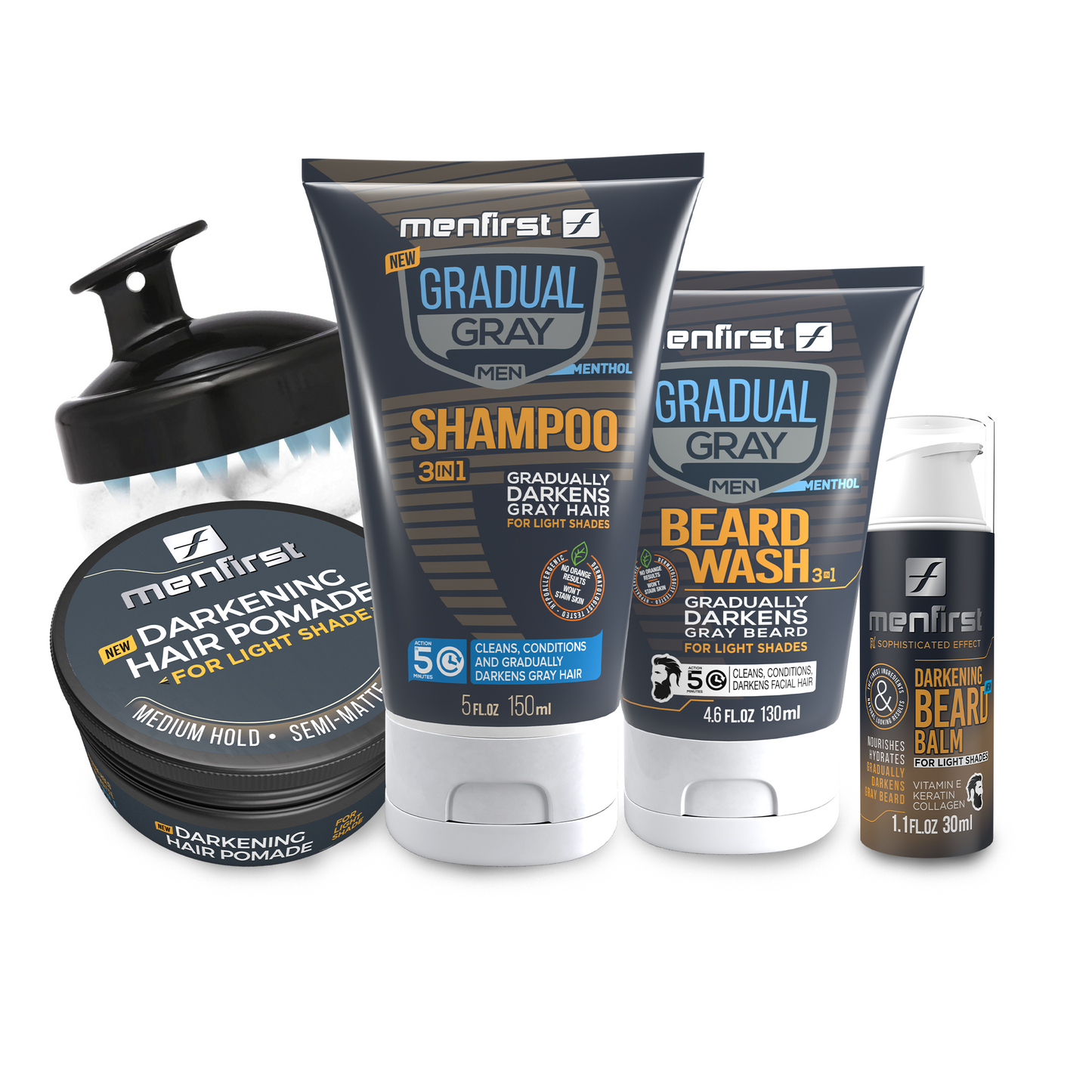 Menfirst Gradual Gray - Good bye Gray Hair- 3-in-1 Shampoo + Beard Wash + Beard Balm + Pomade & Scalp Brush - 5 Pack Bundle