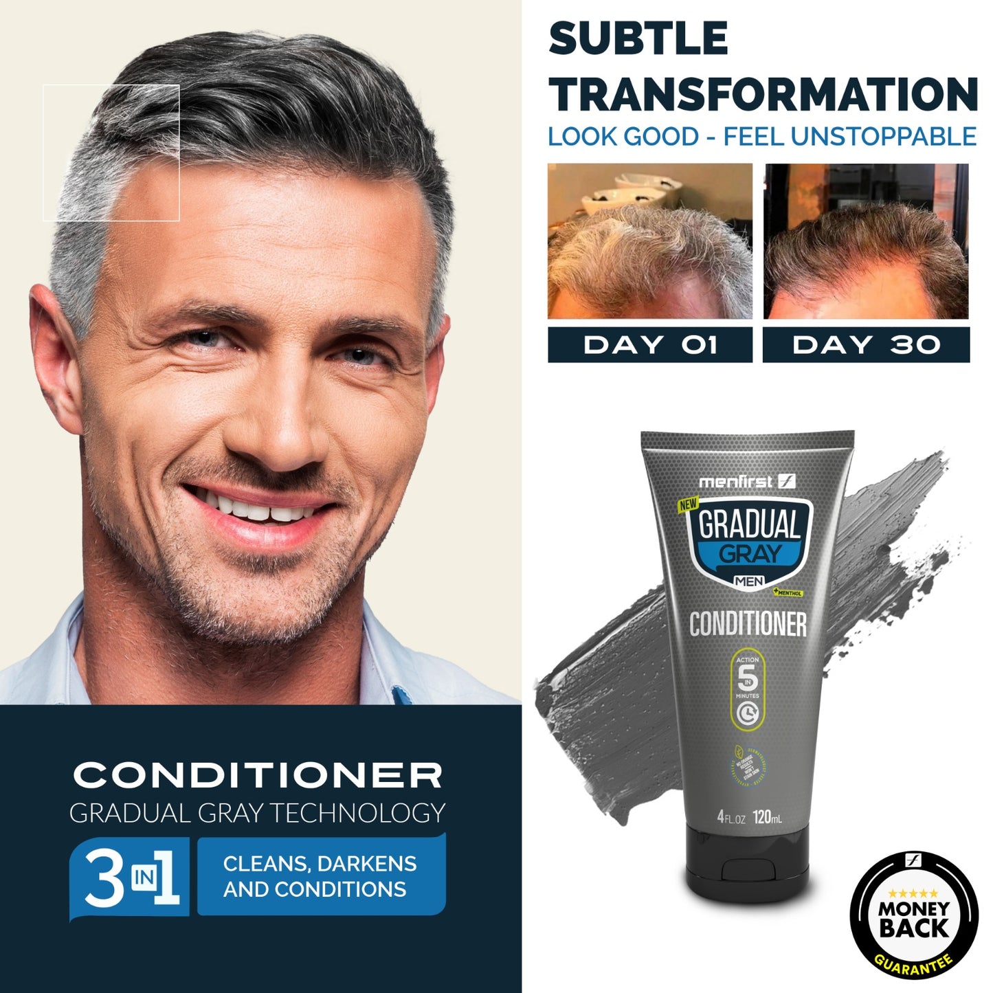 Menfirst Gradual Gray - Good bye Gray Hair - 3-in-1 Shampoo + Conditioner + Beard Wash & Darkening Pomade - 4 Pack Bundle
