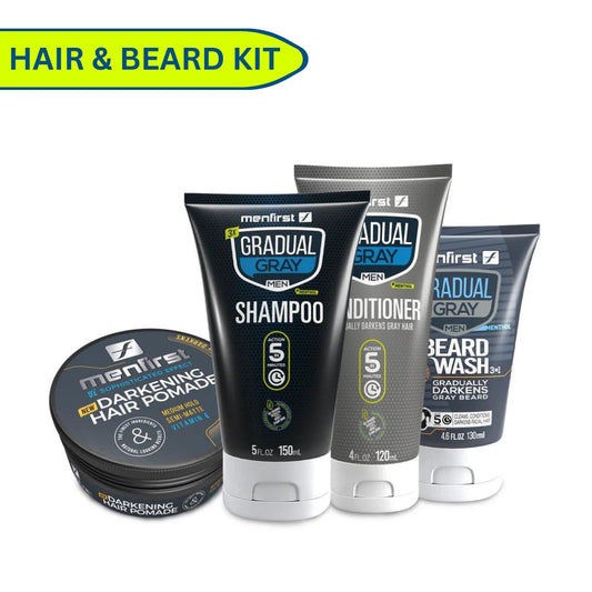 Menfirst Gradual Gray - Good bye Gray Hair - 3-in-1 Shampoo + Conditioner + Beard Wash & Darkening Pomade - 4 Pack Bundle