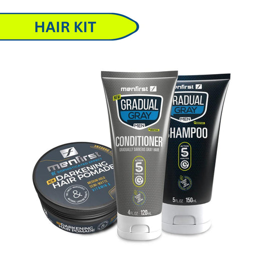 Menfirst Gradual Gray - Good Bye Gray Hair- 3-in-1 Shampoo + Conditioner & Darkening Pomade - 3 Pack Bundle
