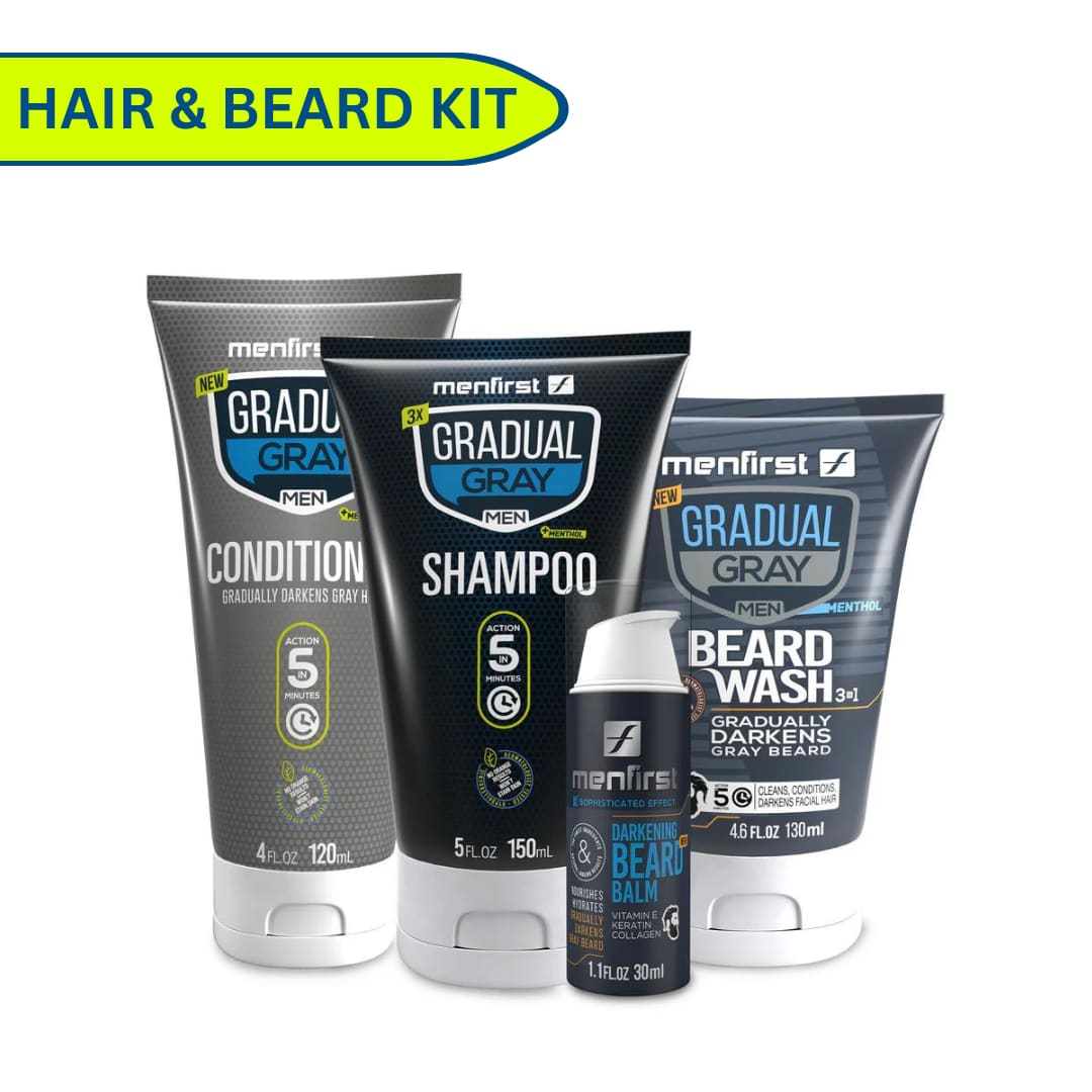 Menfirst Gradual Gray - Good Bye Gray Hair - 3-in-1 Shampoo + Beard Wash + Beard Balm & Conditioner - 4 Pack Bundle