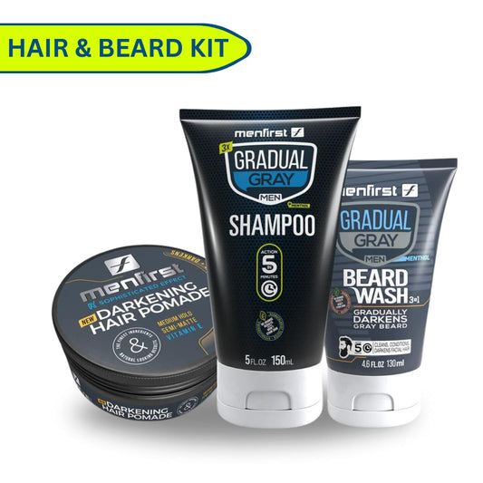 Menfirst Gradual Gray - Good Bye Gray Hair- 3-in-1 Shampoo + Beard Wash & Darkening Pomade - 3 Pack Bundle