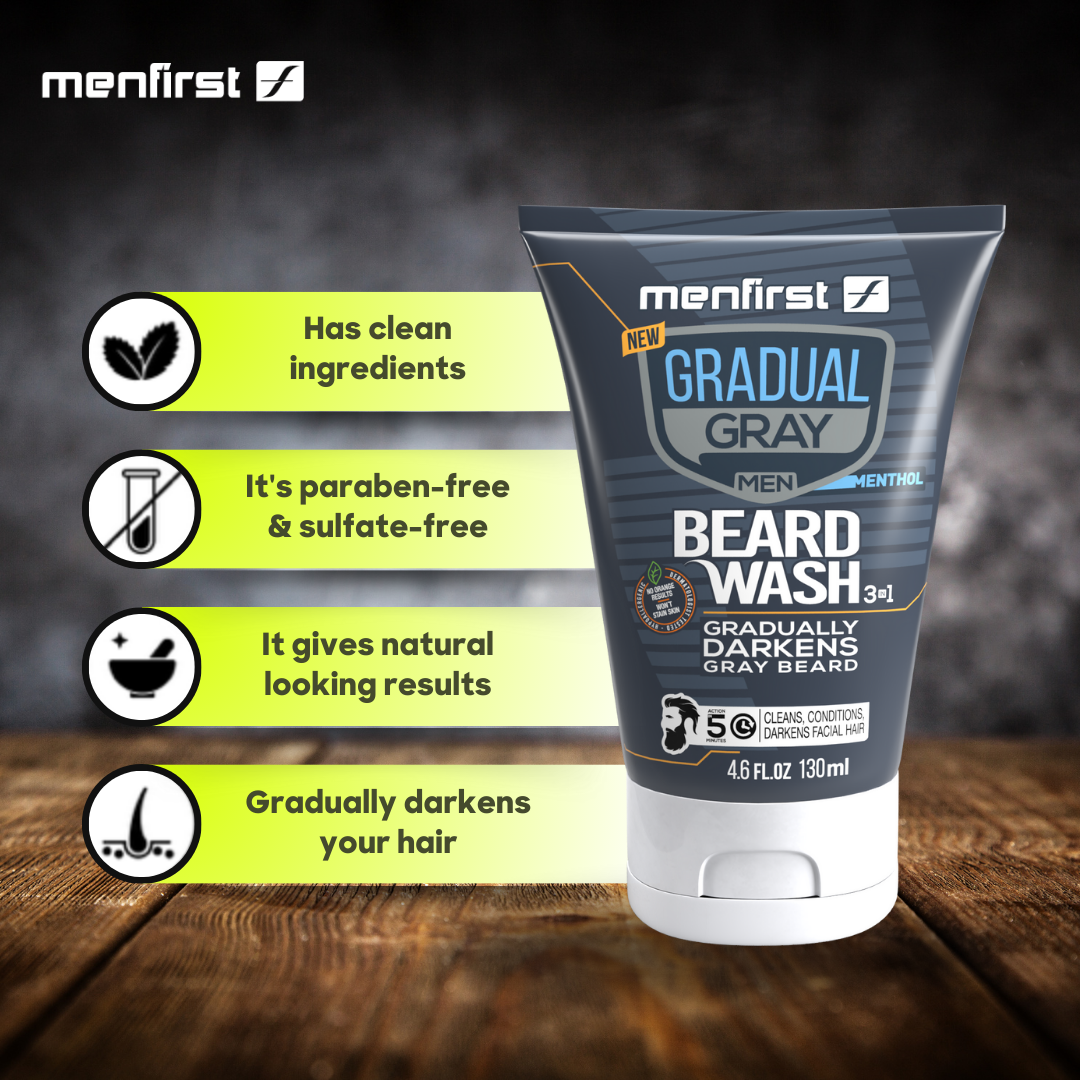 Menfirst Gradual Gray - No More Gray Plus Kit  - 3-in-1 Shampoo, Beard Wash, Beard Balm & Pomade - 4 Pack Bundle