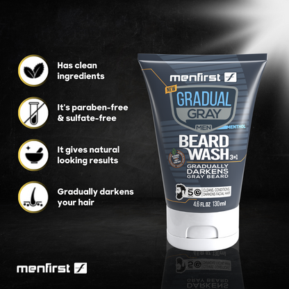 Menfirst Gradual Gray - Good Bye Gray Hair - 3-in-1 Shampoo + Beard Wash + Darkening Beard Balm - 3 Pack Bundle