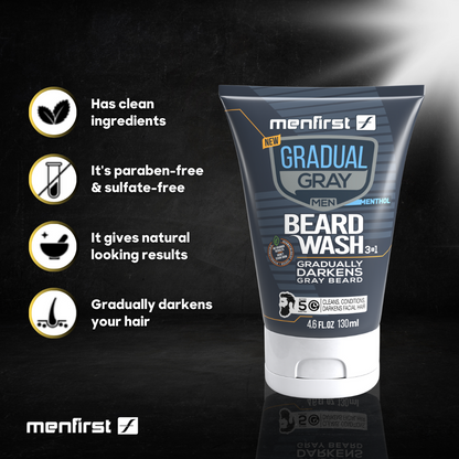 Menfirst Gradual Gray - No More Gray Plus Kit  - 3-in-1 Shampoo, Conditioner, Beard Wash, Beard Balm & Pomade - 5 Pack Bundle