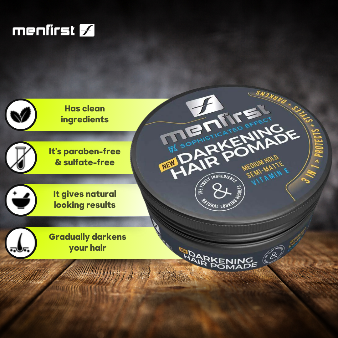 Menfirst Gradual Gray - Good Bye Gray Hair- 3-in-1 Shampoo + Beard Wash & Darkening Pomade - 3 Pack Bundle