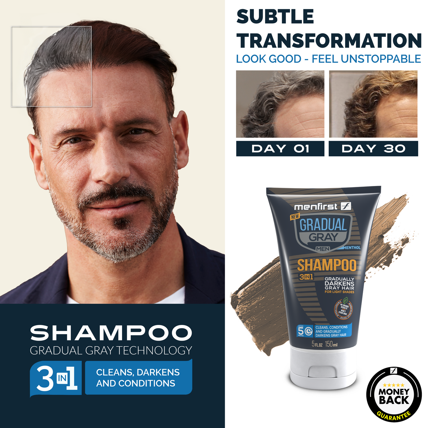 Menfirst Gradual Gray - Good bye Gray Hair - 3-in-1 Shampoo, & Darkening Pomade - 2 Pack Bundle