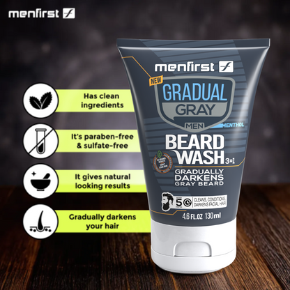 Menfirst Gradual Gray - Good bye Gray Hair- 3-in-1 Shampoo + Beard Wash + Beard Balm + Pomade & Scalp Brush - 5 Pack Bundle