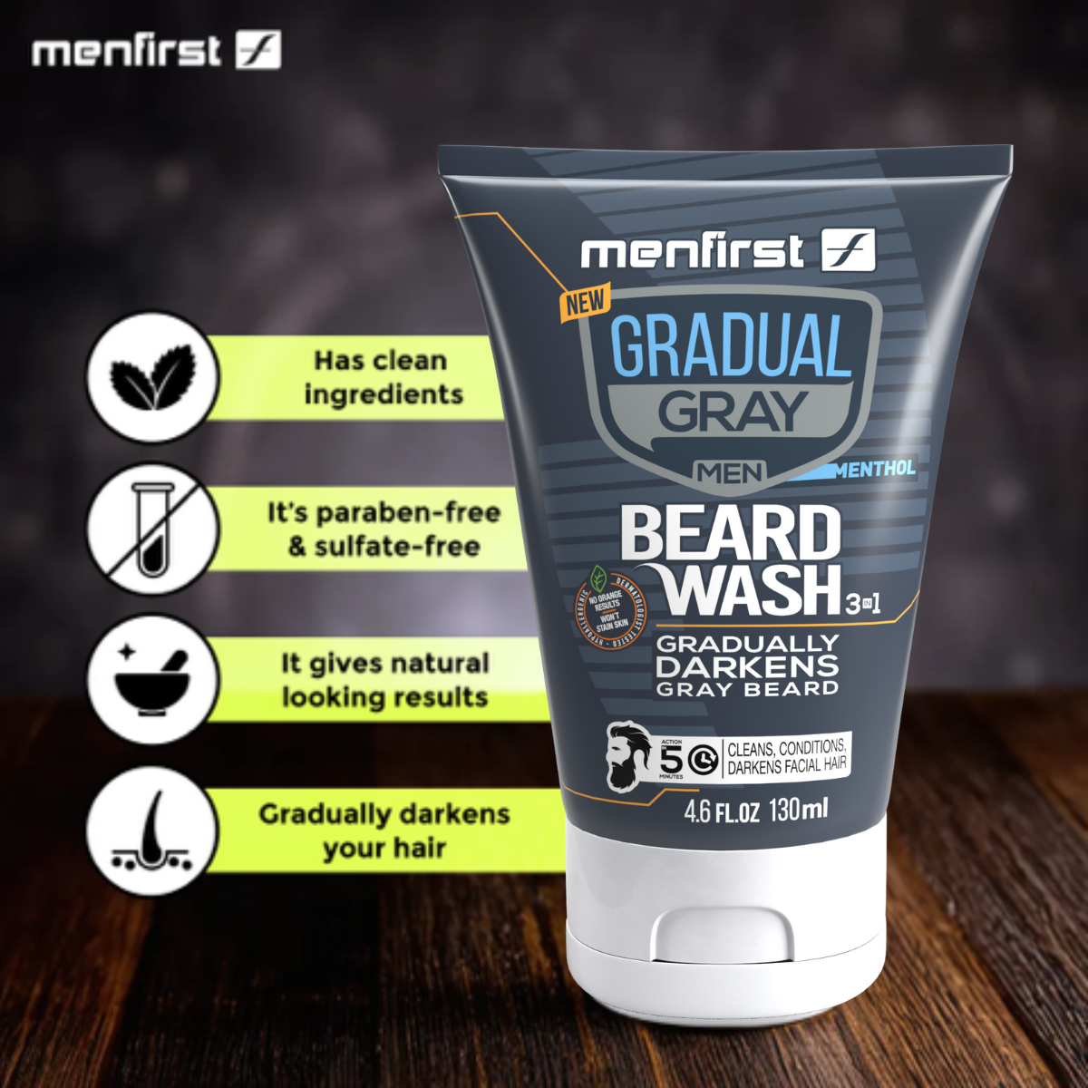 Menfirst Gradual Gray - Good Bye Gray Hair- 3-in-1 Shampoo + Beard Wash & Darkening Pomade - 3 Pack Bundle