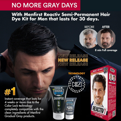 Menfirst Gradual Gray - Good bye Gray Hair- Reactiv Hair Dye + 3-in-1 Shampoo & Beard Wash - 3 Pack Bundle