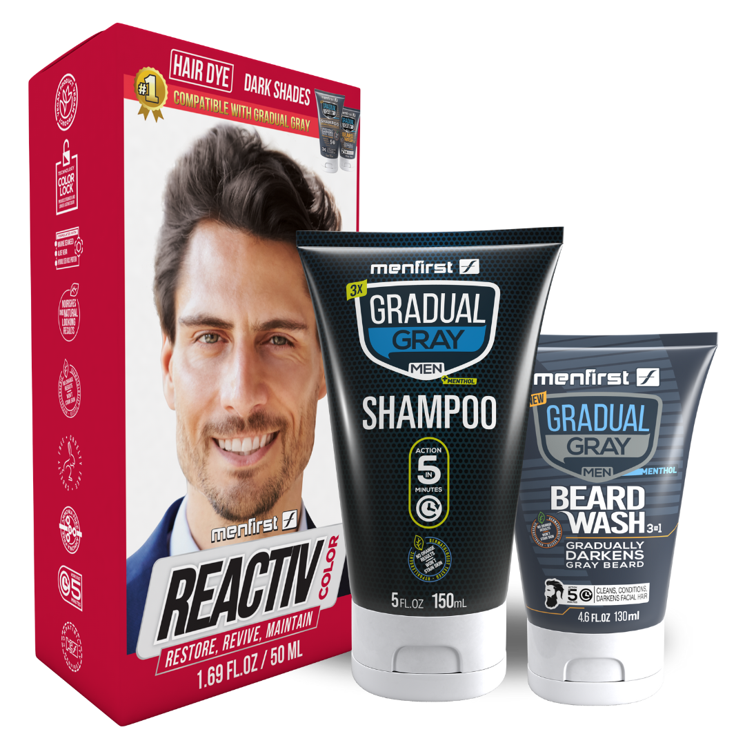 Menfirst Gradual Gray - Good bye Gray Hair- Reactiv Hair Dye + 3-in-1 Shampoo & Beard Wash - 3 Pack Bundle