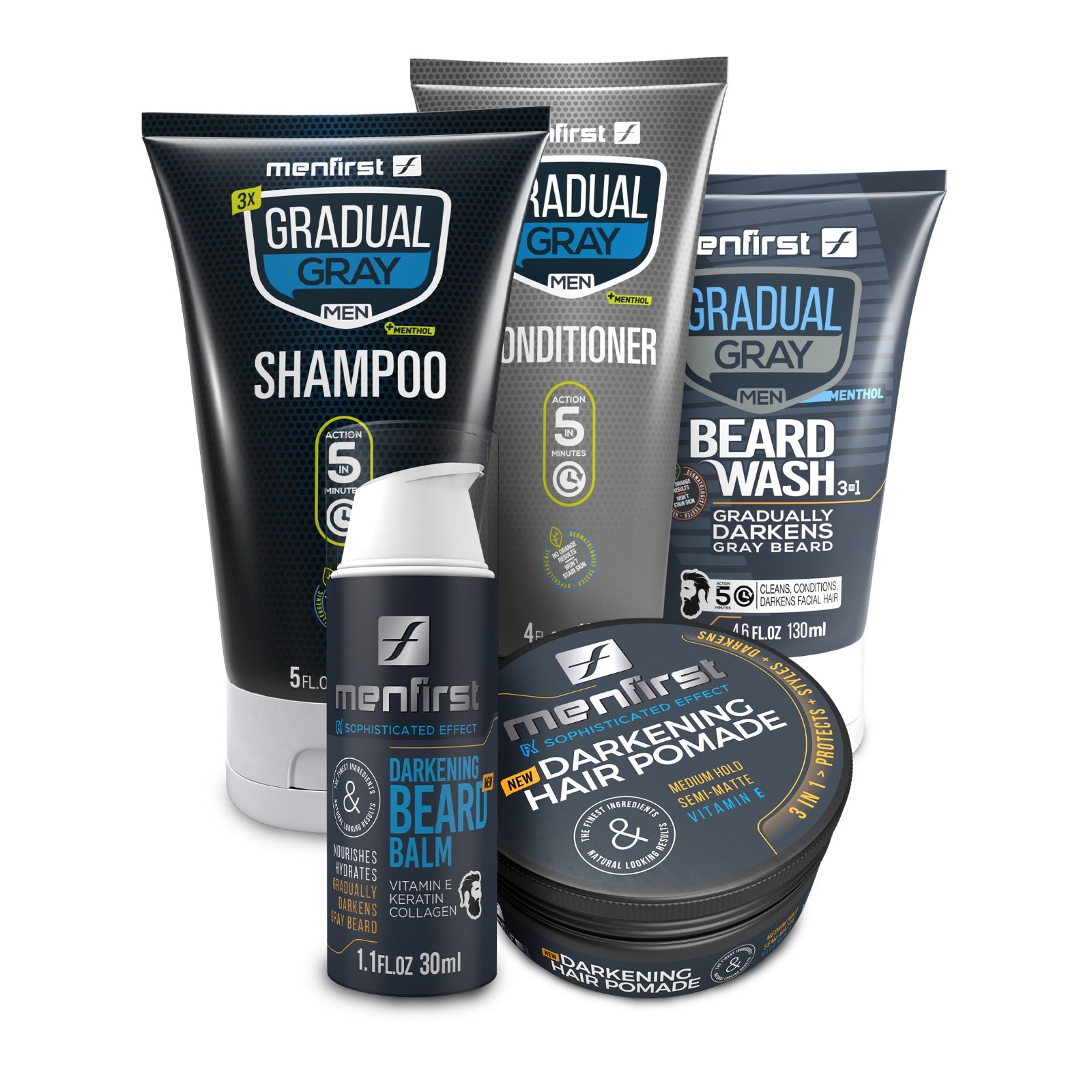 Menfirst Gradual Gray - Ultimate Gray Coverage Kit  - 3-in-1 Shampoo, Conditioner, Beard Wash, Beard Balm & Pomade - 5 Pack Bundle