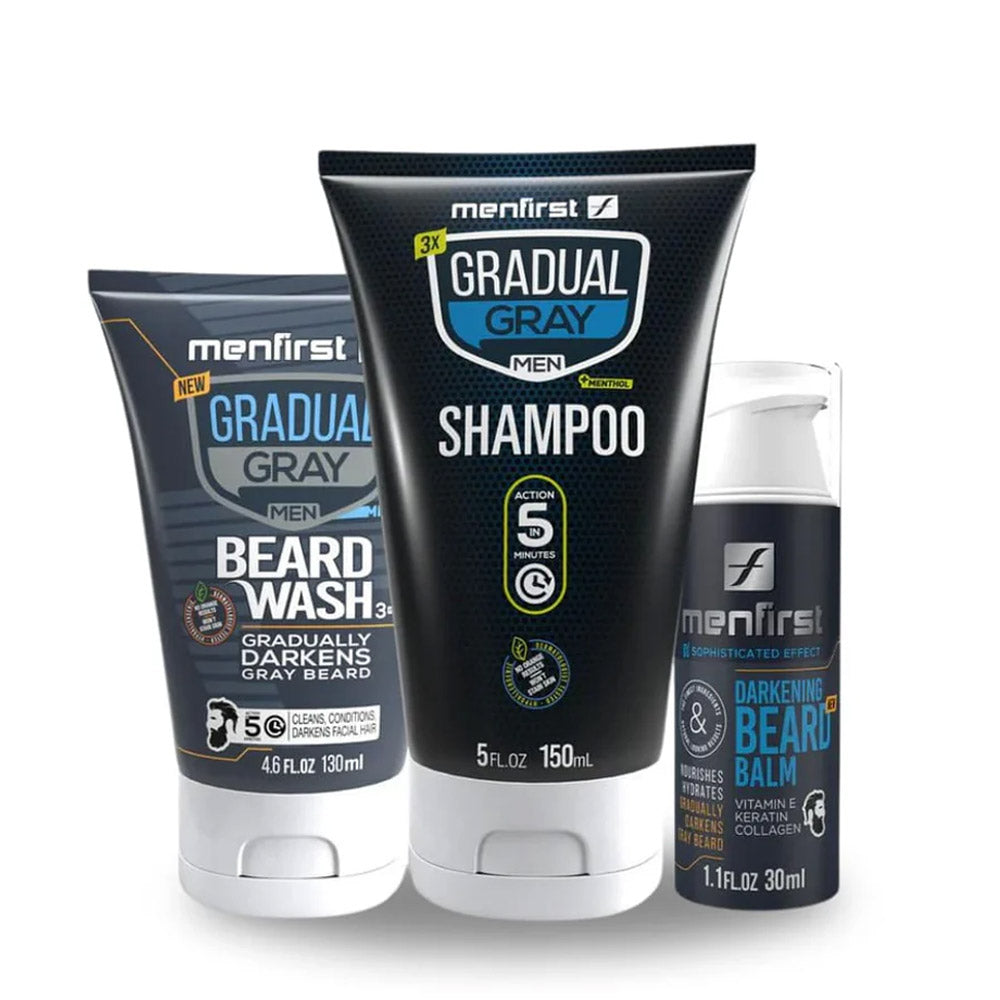 Menfirst Gradual Gray - Good Bye Gray Hair - 3-in-1 Shampoo + Beard Wash + Darkening Beard Balm - 3 Pack Bundle